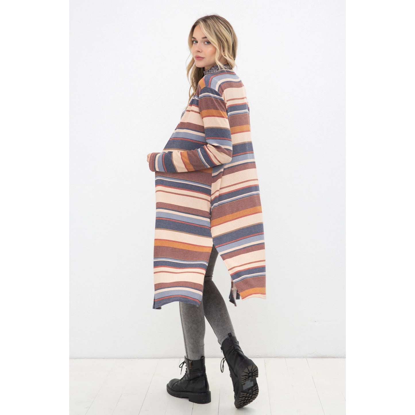 Striped Knit Longline Open Cardigan