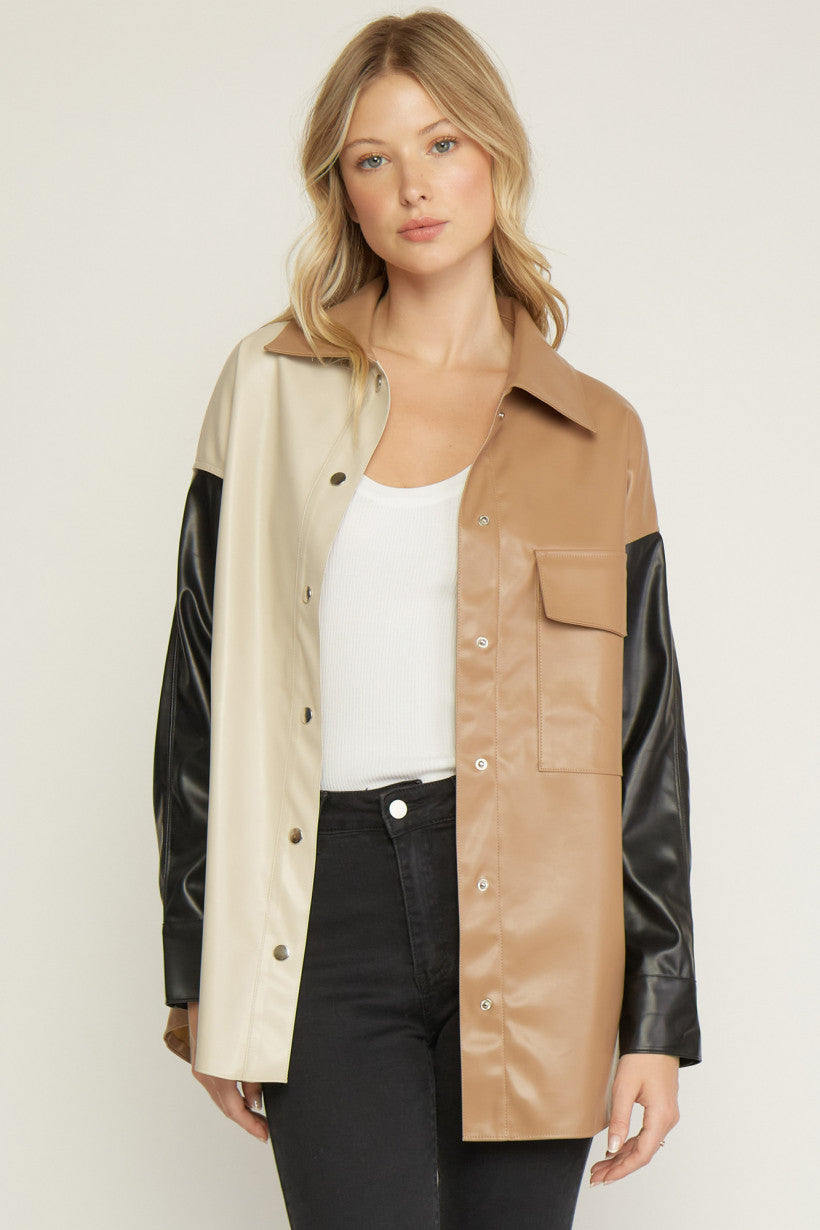 Entro Faux Leather Colorblock Button Up Jacket