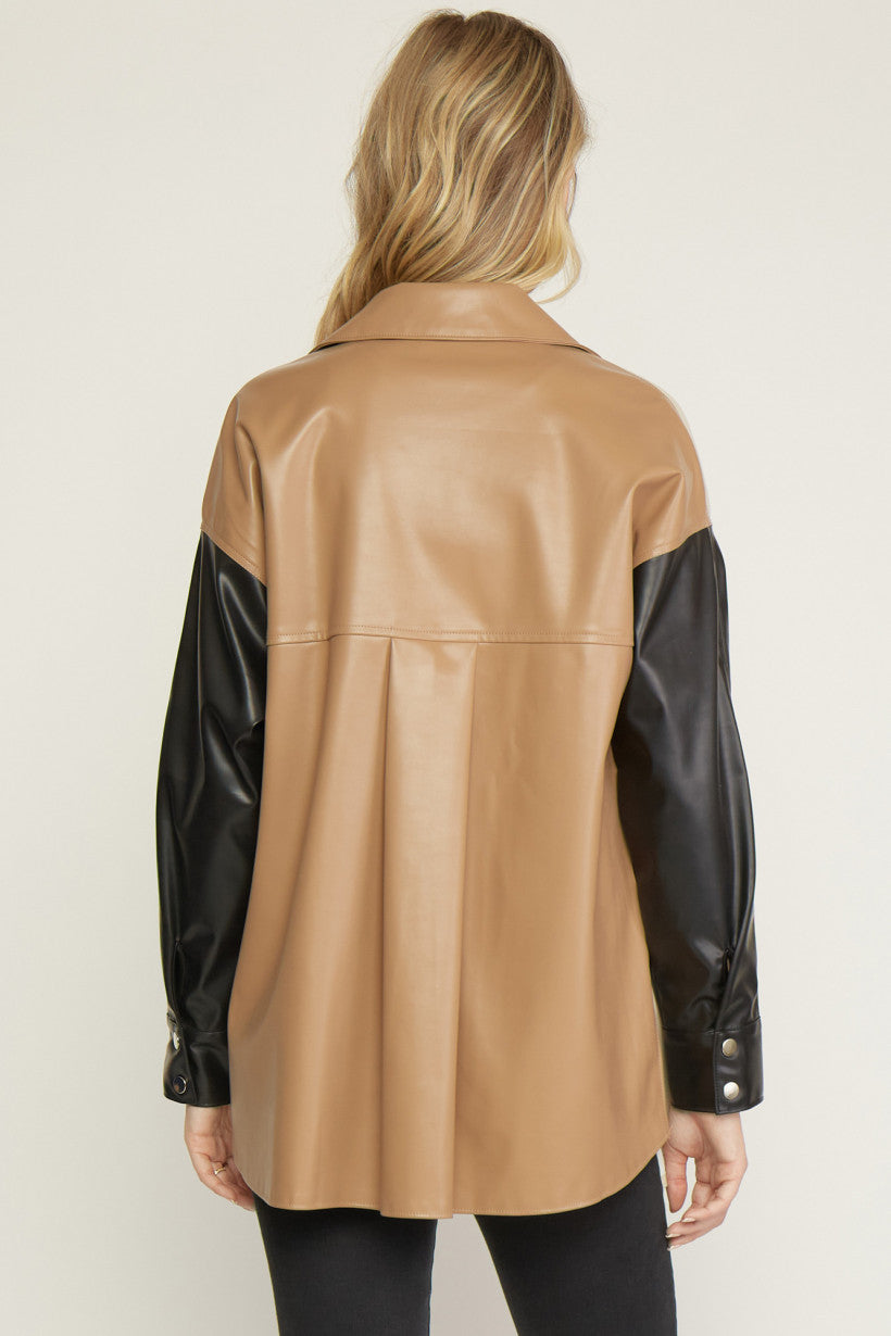 Entro Faux Leather Colorblock Button Up Jacket