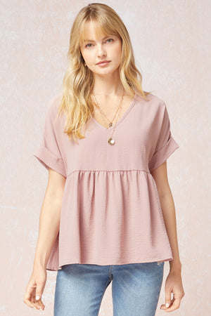 Entro Solid V-Neck Peplum Rolled Sleeve Top