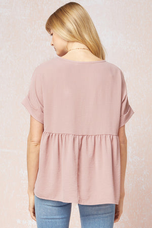 Entro Solid V-Neck Peplum Rolled Sleeve Top