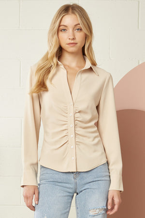 Entro Solid Button Up Ruching Detail Top