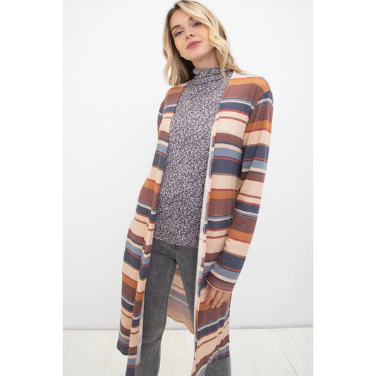 Striped Knit Longline Open Cardigan