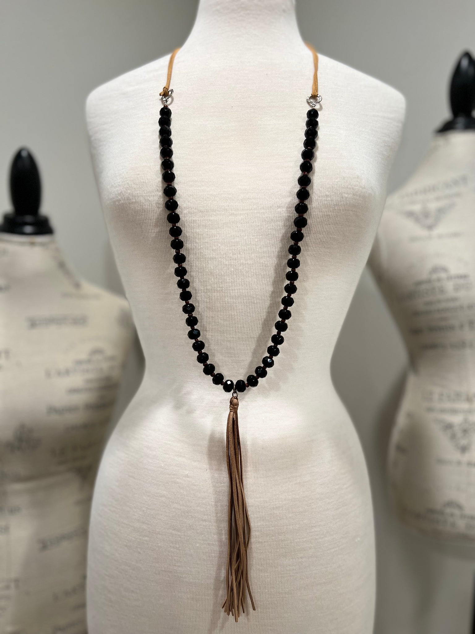 Leather Tassel Long Bead Necklace