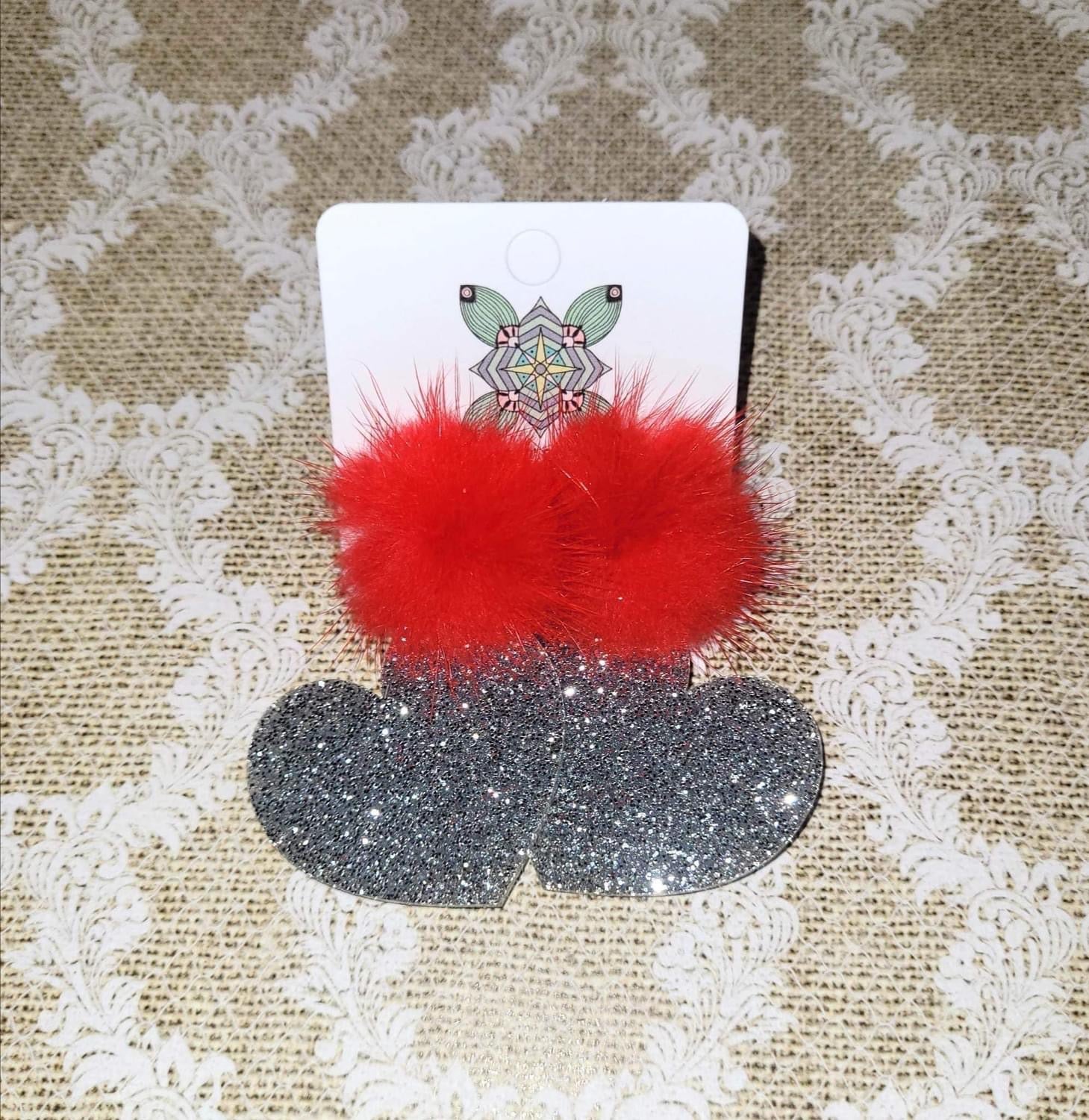 Valentine's Hearts Mink Pom Acrylic Earring